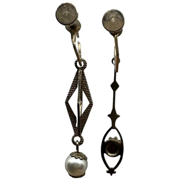 Vintage Gold Pearl Gem Drop Earrings Art Deco Screw Back Clips asymmetrical - Picture 6 of 6